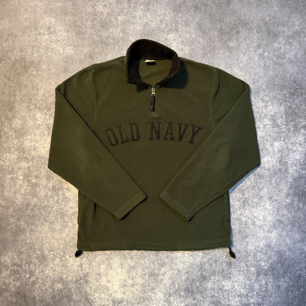 Y2K Old Navy Mens Small Olive Green Fleece Quarter Zip Pullover Sweatshirt